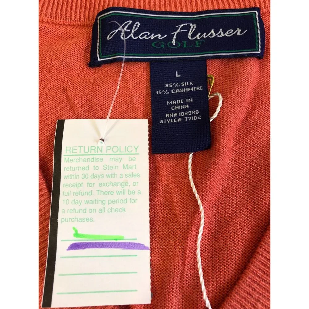 Vtg Y2K NWT Alan Flusser Golf Silk Cashmere V-Neck Pullover Sweater Orange Men L